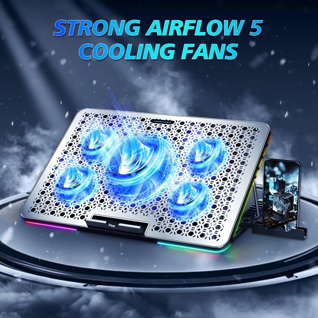LIANGSTAR Laptop Cooling Pad, Laptop Cooler Gaming 5 Quiet Fans with Large Metal Plate for 12-17.3 Inch Fan Stable Stand, 4 Modes RGB Light, 7 Height & Adjust Speed, 2 USB Port & Phone Holder