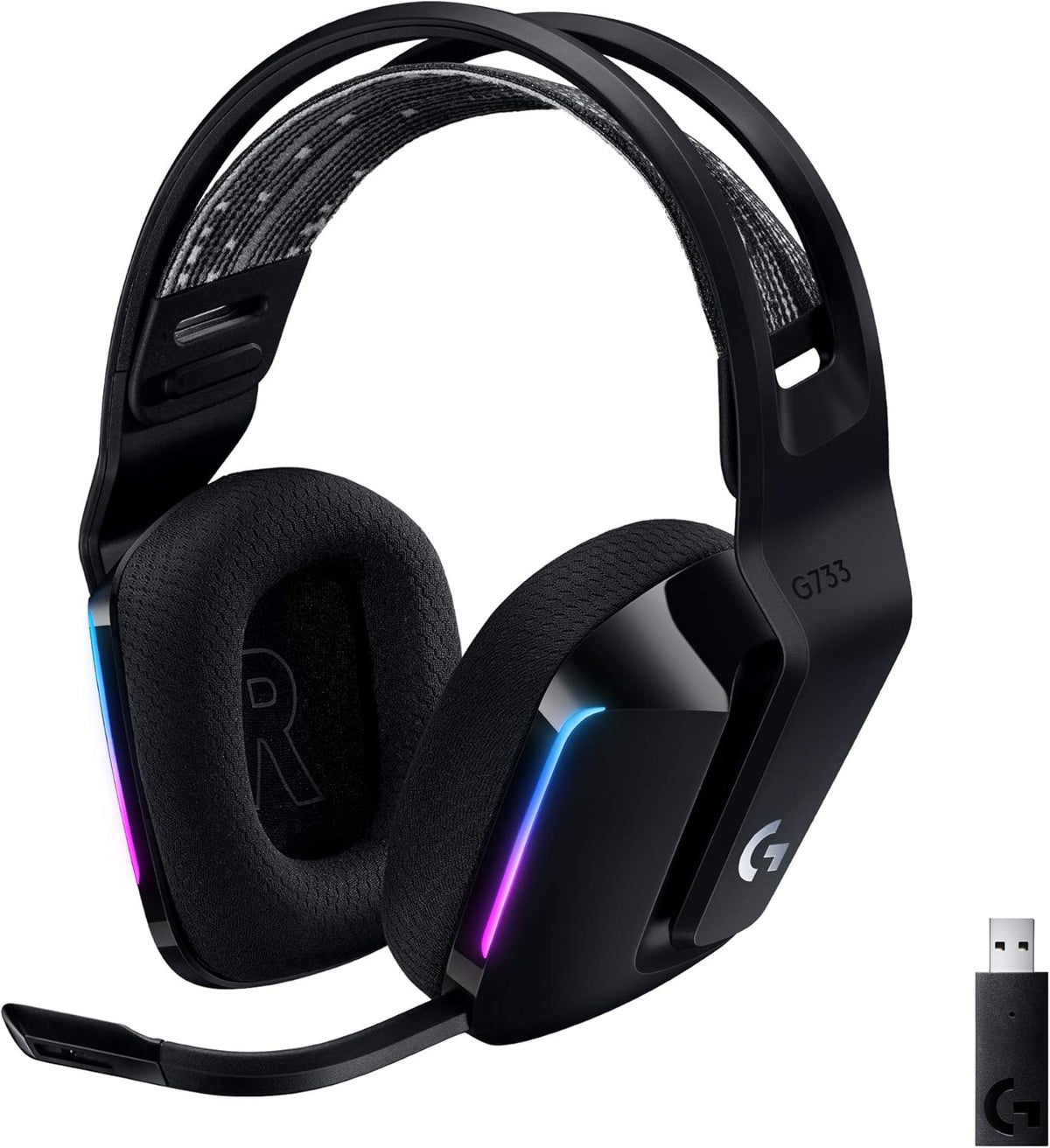 Logitech G733 Lightspeed Wireless Gaming Headset, Suspension Headband, Lightsync RGB, Blue VO!CE Mic, PRO-G Audio – Black, Gaming Headset Wireless, PC, PS5, PS4, Switch Compatible