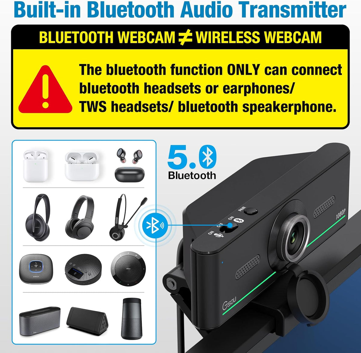 1080P Webcam with Microphone for Desktop, Computer Webcam Connect Bluetooth Headset/Earphone/Speaker, Streaming Webcams for Live Skype Teams, PC Web Camera for Streaming,Bluetooth only for Audio