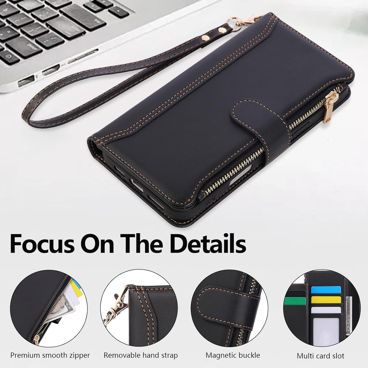 Compatible with iPhone 16 Pro Wallet Phone Case-PU Leather Magnetic Flip Cover with Credit Card Slots,Zipper Pocket & Detachable Wrist Strap,Shockproof Design,for Women and Men-Black