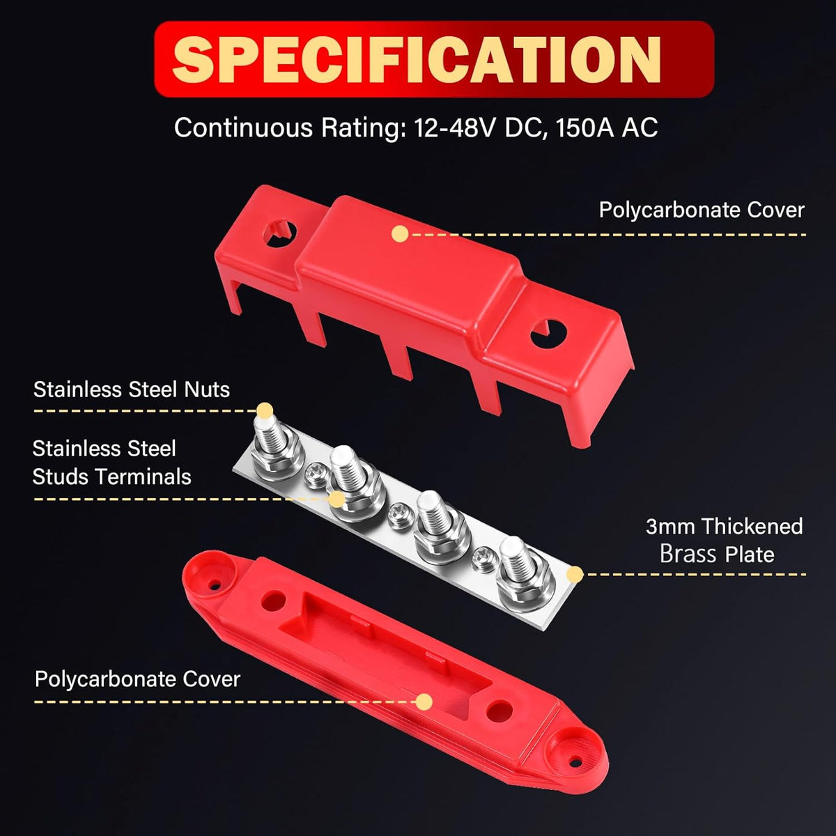 12V 150A 5/16" 12-48V FEITON Power Distribution Block, Bus Bar, Studs Terminal Strip, Heavy Duty Terminal Block