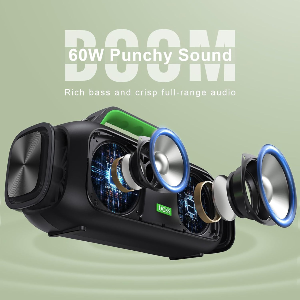 DOSS Extreme Boom Bluetooth Outdoor Speaker with 60W Mighty Sound, Deep Bass, 30H Playtime, USB-C, Bluetooth 5.3, IPX6 Waterproof with Portable Strap for Camping, Beach, Garage-Green