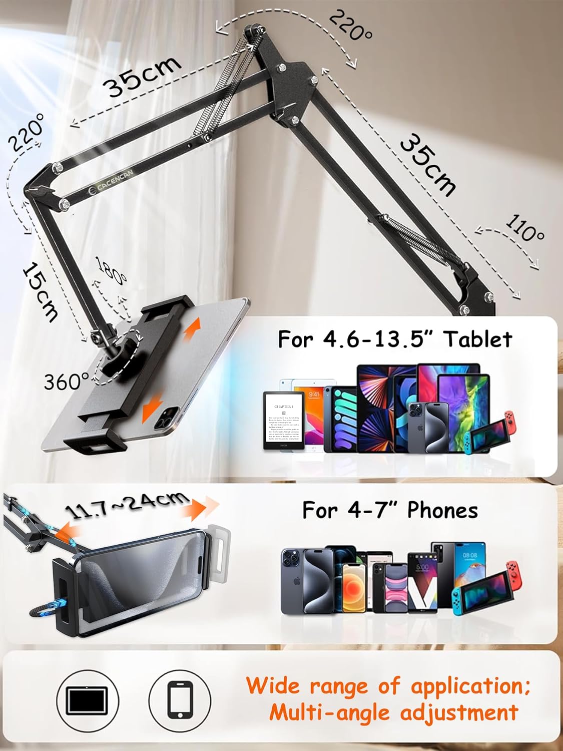 Foldable Tablet Stand, Tablet Mount Adjustable for Bed,Universal Flexible Holder with 360 Degree Rotation for iPad/iPhone/iPad Pro/N-Switch,or Other 4.5~13.5 Inches Devices (Black)