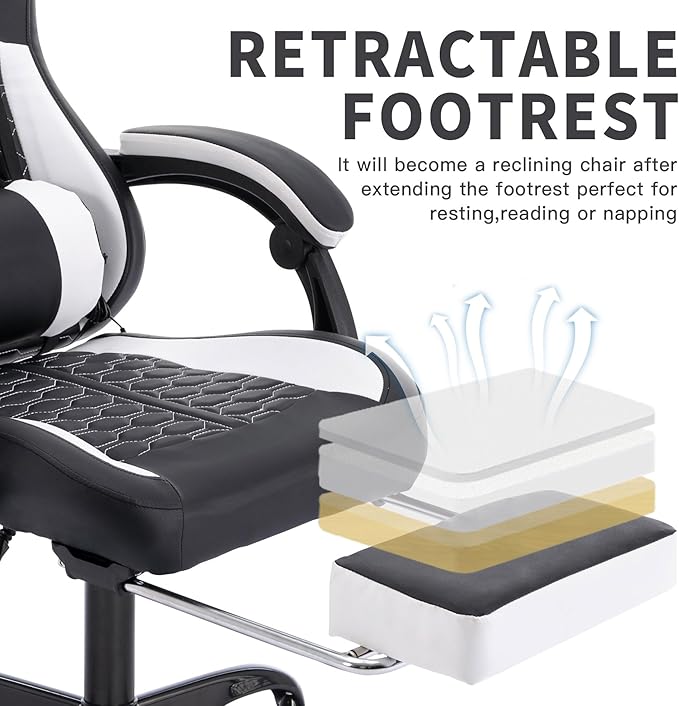 Gaming Chair Ergonomic Computer Chair with High Back Office Computer Chair with Footrest and Massage Lumbar Support Height Adjustable Swivel Video Game Chair (Black White 1)