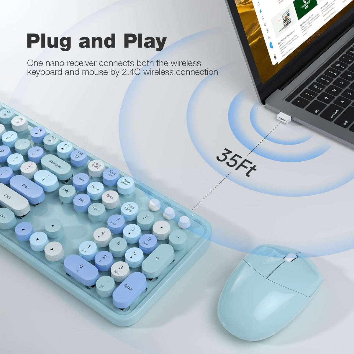 KNOWSQT Wireless Keyboard and Mouse Combo, Blue Colorful 2.4G Typewriter Full-Size Cute Keyboards - USB Receiver Plug and Play, for Computer, PC, Laptop, Desktop, Windows