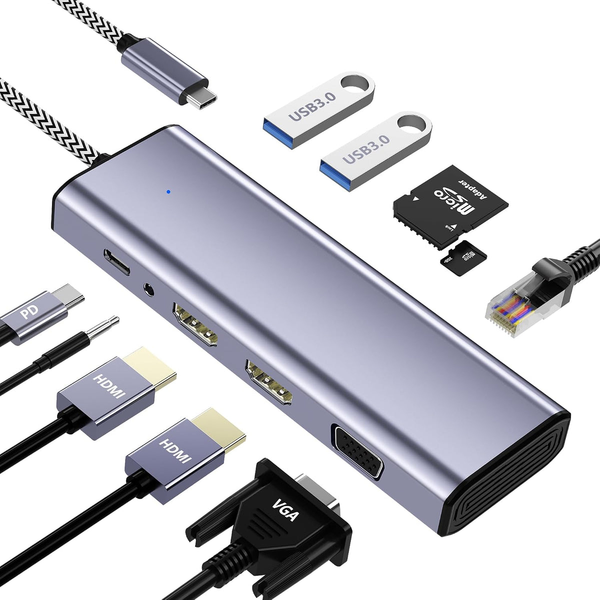 AUKOKIOULA 10 1 3 HDMI/VGA/PD/Ethernet/USB/SD/TF/3.5mm Docking Station Dual Monitor, USB C to Dual HDMI Adapter