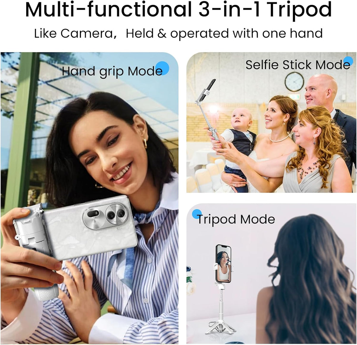 Portable Selfie Stick Tripod with Remote, 3-in-1 Pocket Size Phone Tripod Grip with 2 Cold Shoes, Mini Selfie Stick for iPhone Android, Phone Holder for Vlog, Livestreaming, Photography