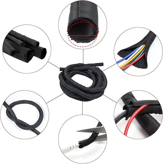 BuyUneed Black Split Braided Cable Management Sleeves 3/8inch -12Feet