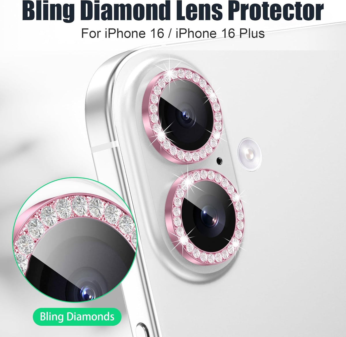AGVEE 3+3 6 Pack for iPhone 16 6.1" / 16 Plus 6.7" Camera Lens Cover Protector, Bling Diamond & Bling Glitter Metal Ring 9H Tempered HD Glass Camera Cover Protector Film, Bling-Pink