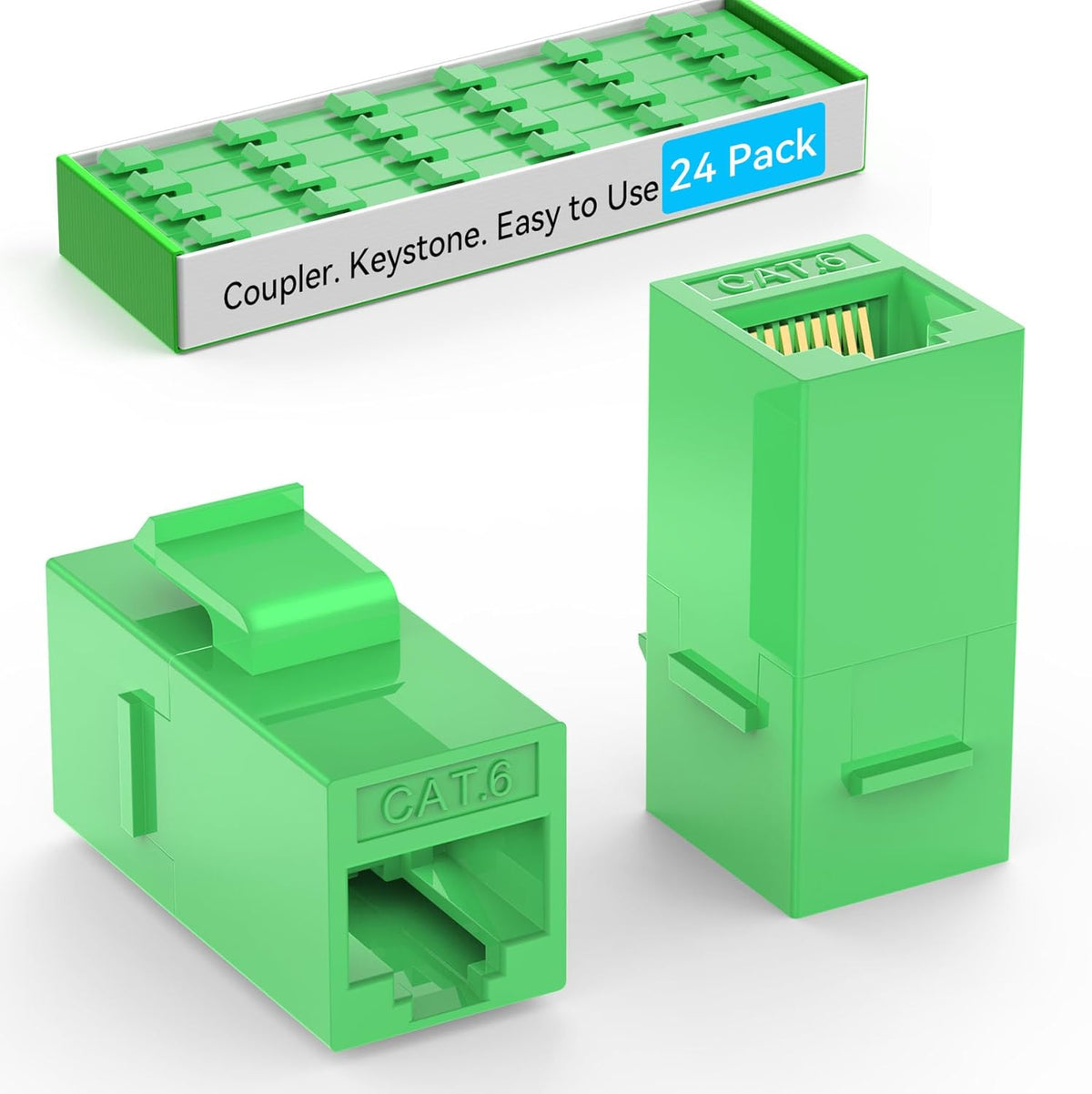 CAT6 RJ45 Keystone Coupler (24 Pack), Cat6 Keystone Jack Female to Female, Cat 6 Inline Keystone Jacks for Wall Plate & Patch Panel, RJ45 Ethernet Coupler Green