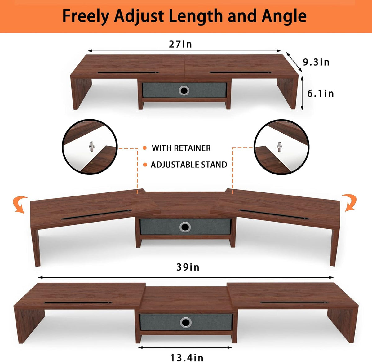 2 WESTREE Dual Monitor Stand Riser with Drawer - Adjustable Length and Angle, Phone Hold, Desktop Organizer