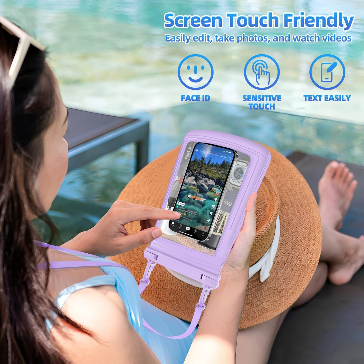 2L Floating Waterproof Phone Pouch for Up to 7.5", Large Space Adjustable Neck Lanyard Waterproof Bag. Dry Bag for Family Vacations, Beach, Pools, Kayaking, Cruises (Purple)