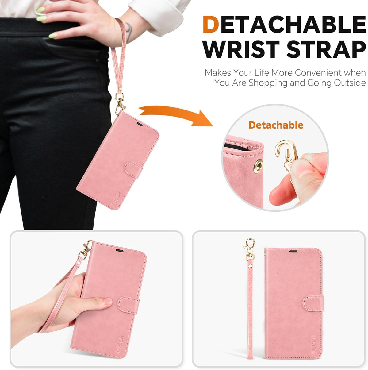TUCCH Case for Galaxy S25 Ultra, [Detachable] Wrist Strap Magnetic PU Leather Wallet Case with RFID Blocking [Wireless Charging] 4 Card Slot Stand Removable Cover for Galaxy S25 Ultra 6.9", Rose Gold
