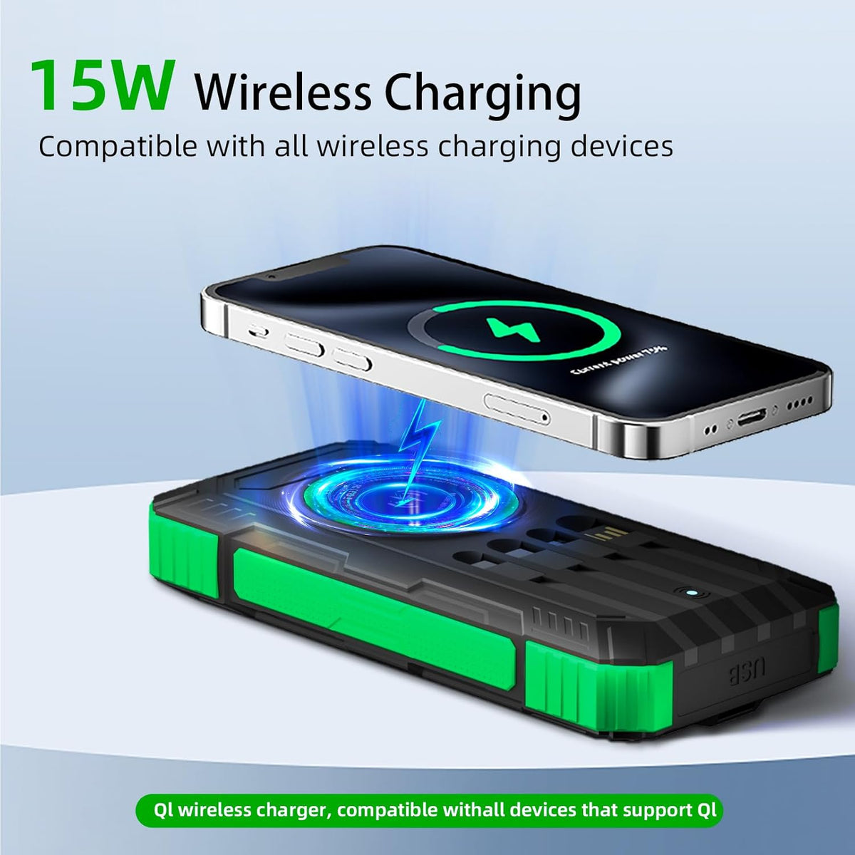 Solar Charger Power Bank 49800mAh Wireless Portable Phone Charger, 22.5W QC3.0 Fast Charging Built in 4 Cables with USB C 6 Outputs & 2 Inputs for All Cell Phone