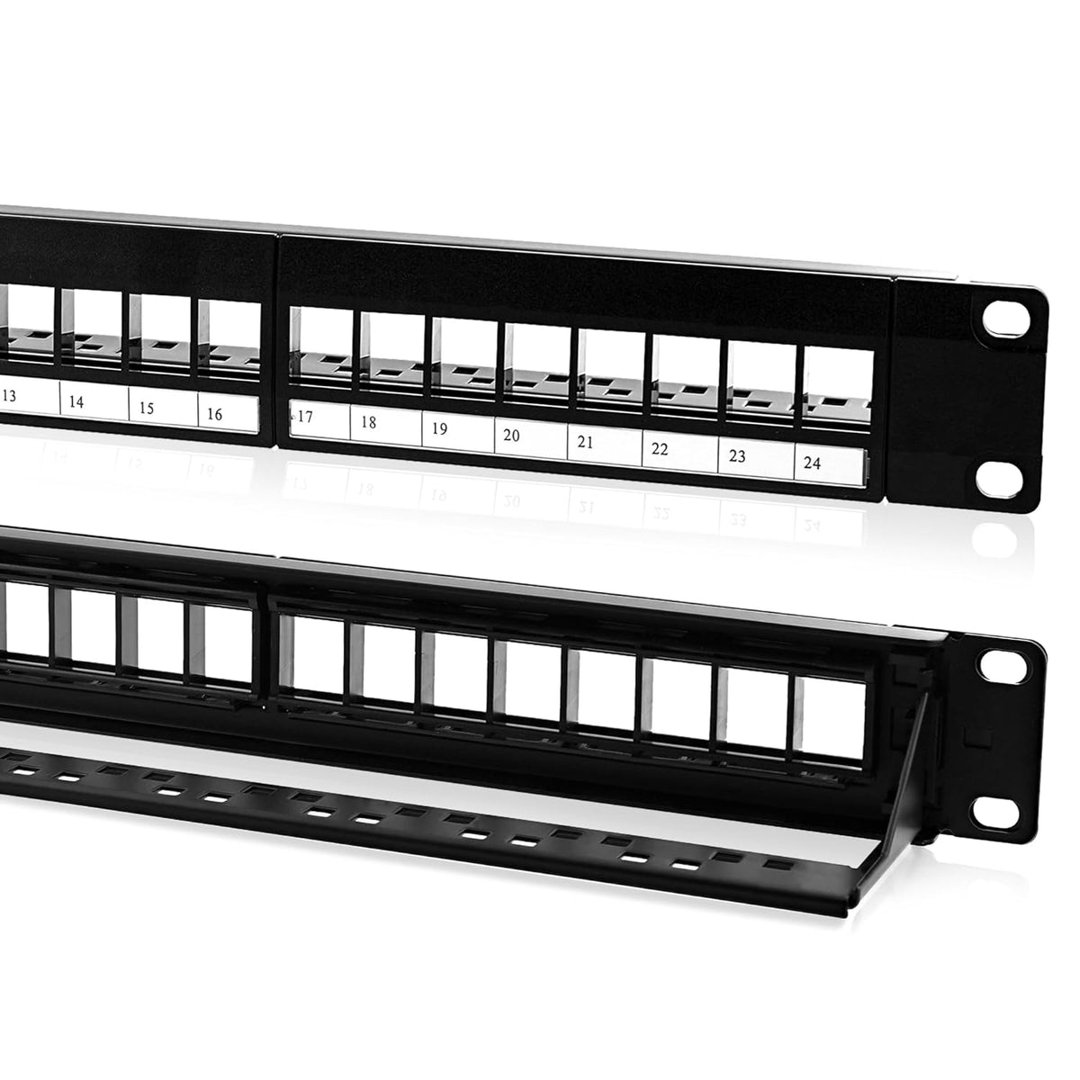 NewYork Cables® Blank Keystone 24 Port Cat6 Patch Panel - 10Gb Ethernet 1U Horizontal Rack Mount, Color-Coded T568A/B Labels, Network for Data Centers, Server Rooms, Unloaded, Unshielded.