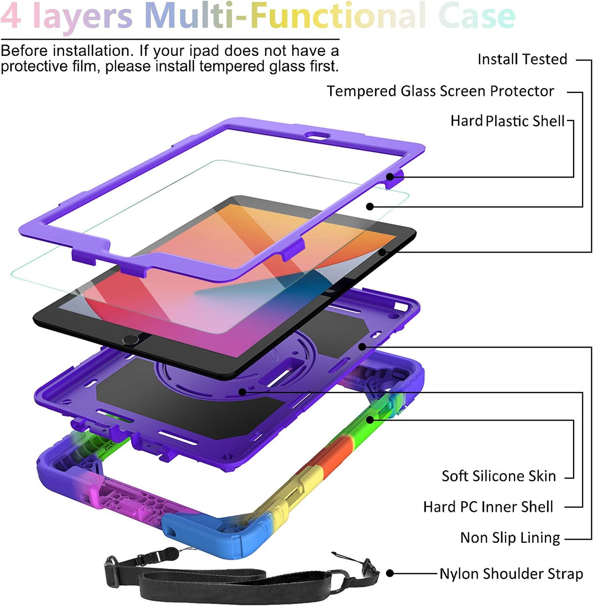 BLOSOMEET Case for iPad 9th/8th Generation 2021/2020 10.2 Inch with Tempered Glass Screen Protector |Rugged Shockproof iPad 7th Gen Kids Cover 2019 w/Stand Pencil Holder & Hand Shoulder Strap|Purple
