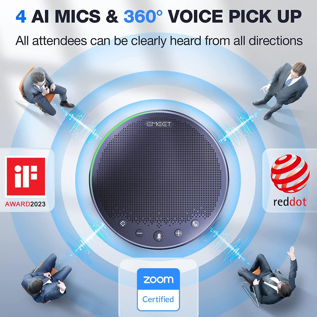 EMEET Bluetooth Speakerphone M3, Zoom Certified 4 AI Mics 360°Voice Pickup 18H Talk Time Conference Speaker and Microphone, USB/Bluetooth Conference Speaker w/Daisy Chain for 20 People for Zoom Teams