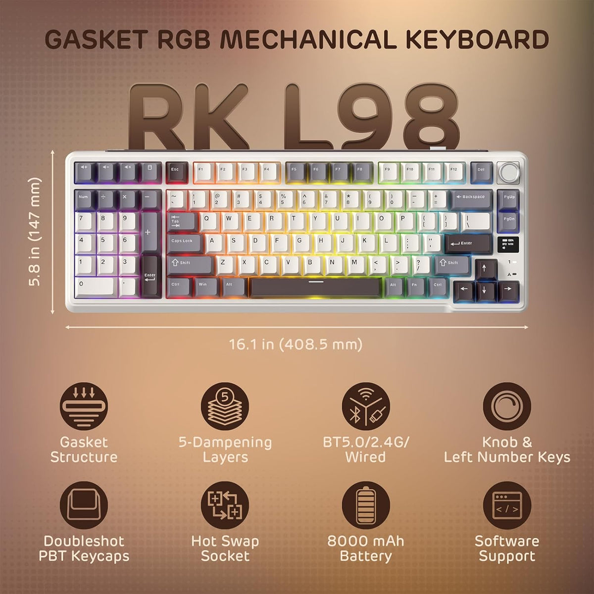RK ROYAL KLUDGE L98 Wireless Mechanical Keyboard w/Left-Handed Southpaw Design Numpad & Hot Swappable Knob, Tri-Mode 95% Keyboard BT/2.4G/USB-C, Pro Software, Gasket Mount, Massive 8000mAh Battery
