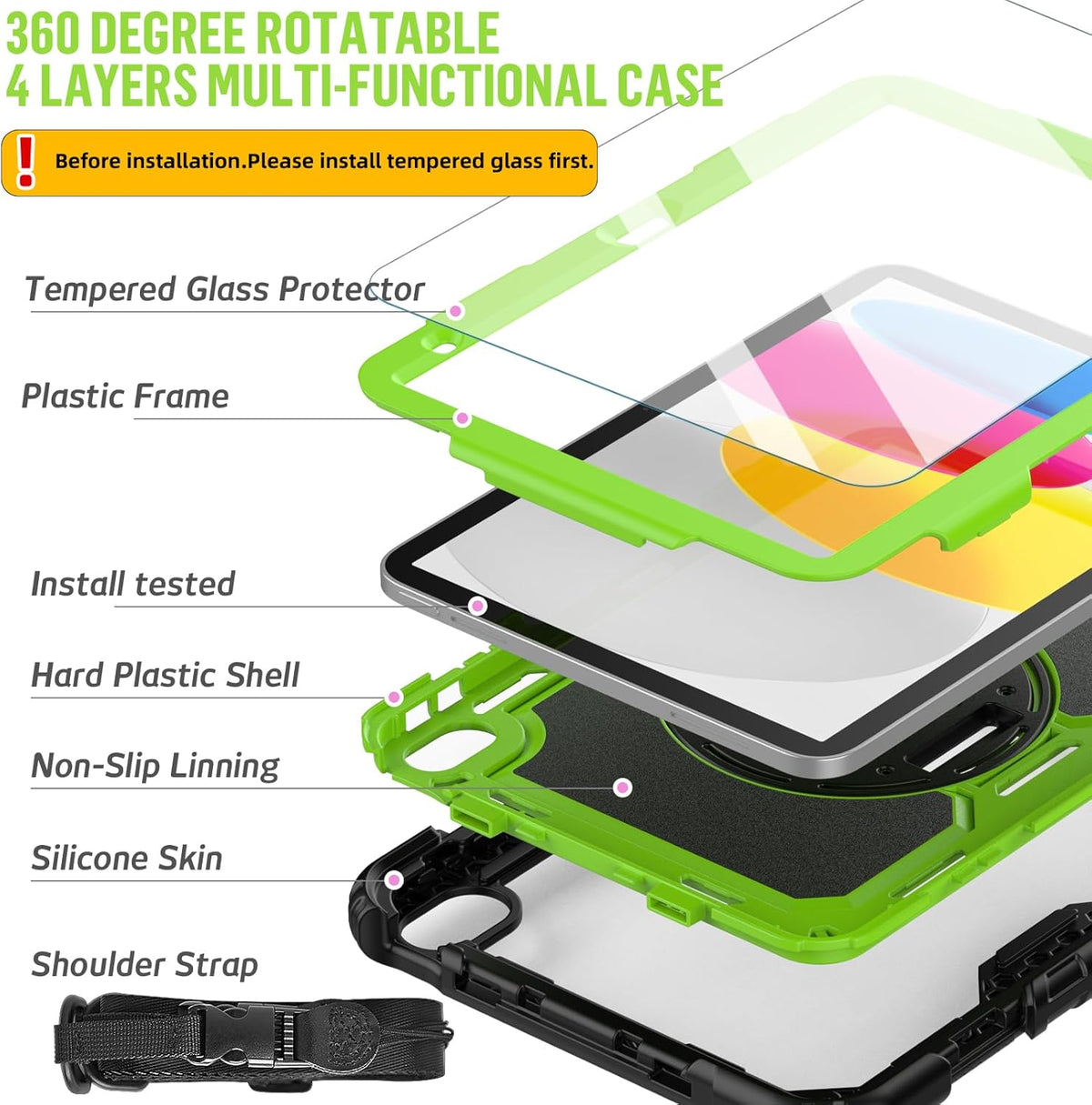 BLOSOMEET Case for iPad A16 11th/10th Generation 11''/10.9'' 2025/2022 with Tempered Glass Screen Protector & Pencil Holder, Rugged Military Grade Cover w/Stand Hand Shoulder Strap, Green