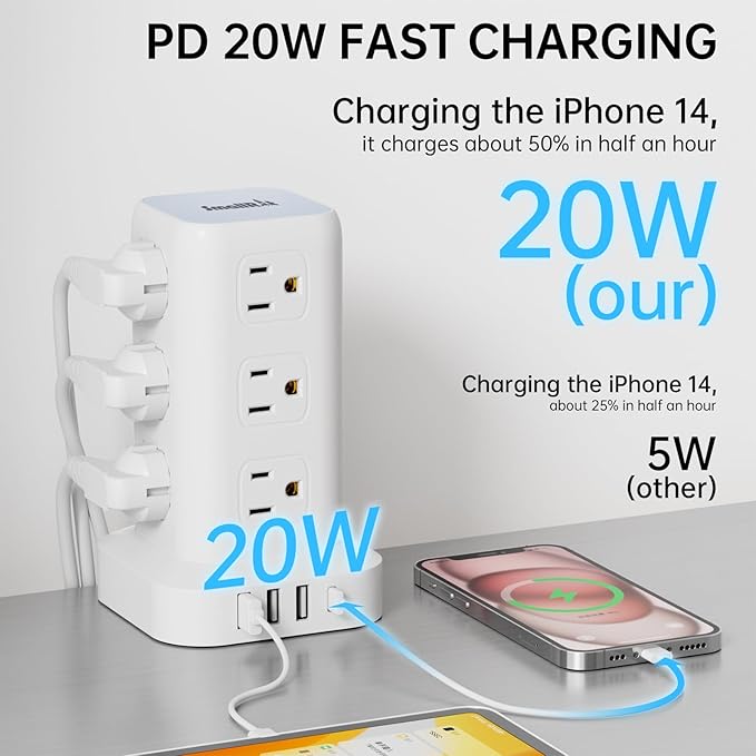 Power Strip with 12 Outlets 4 USB (1 USB C), 10Feet Extension Cord with Multiple Outlets, Charging Station, Power Strip Tower, Home Office Desk Supplies
