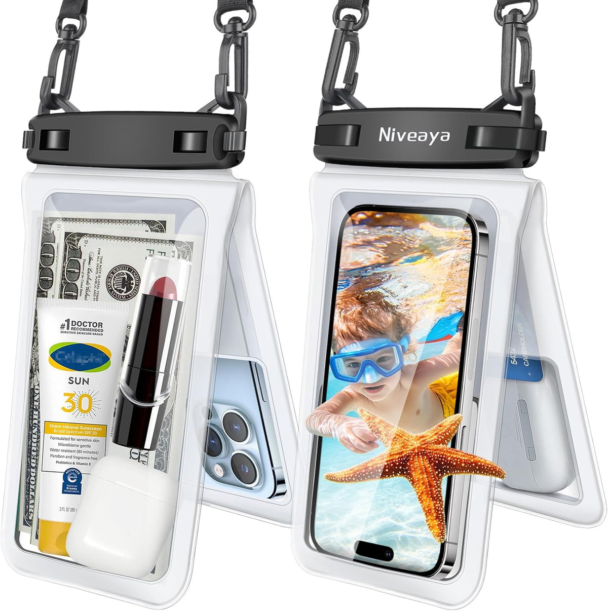 Niveaya Double Space Waterproof Phone Pouch - 2 Pack, Waterproof Phone Lanyard Case with iPhone 16/15/14/13/12 Pro Max up to 8.3", Phone Dry Bags for Vacation Beach Pool Kayak Cruise Travel Essentials