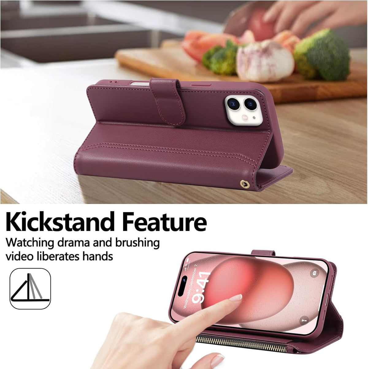 Compatible with iPhone 12/12 Pro Wallet Phone Case-PU Leather Magnetic Flip Cover with Credit Card Slots,Zipper Pocket & Detachable Wrist Strap,Shockproof Design,for Women and Men-Claret