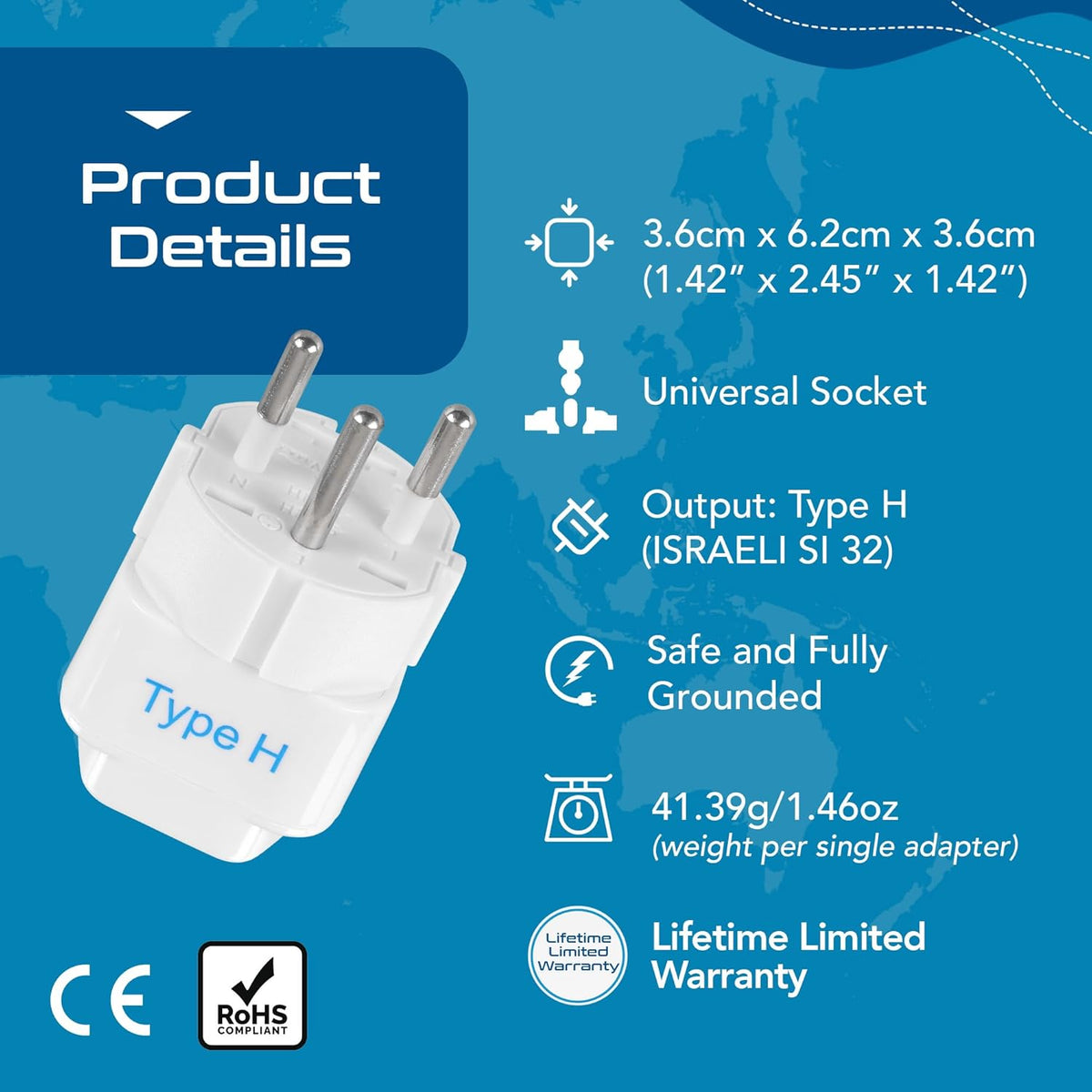 Ceptics Israel Power Adapter Travel Universal Plug,Works in Palestine,Jerusalem,Holy City-Perfect for Charging your Electronic Devices (Type H)- Safe Grounded Connection-3 Pack (GP-14-3PK),White