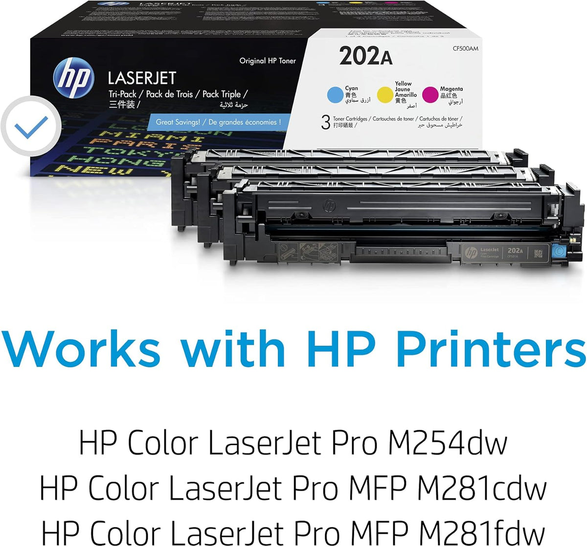 HP 202A Cyan, Magenta, Yellow Toner Cartridges (3 Pack) | Works with HP Color LaserJet Pro M254, HP Color LaserJet Pro MFP M281 Series | CF500AM