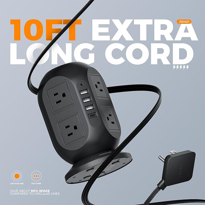 TESSAN Tower Power Strip 10 ft, Long Flat Extension Cord，Multiple Outlets