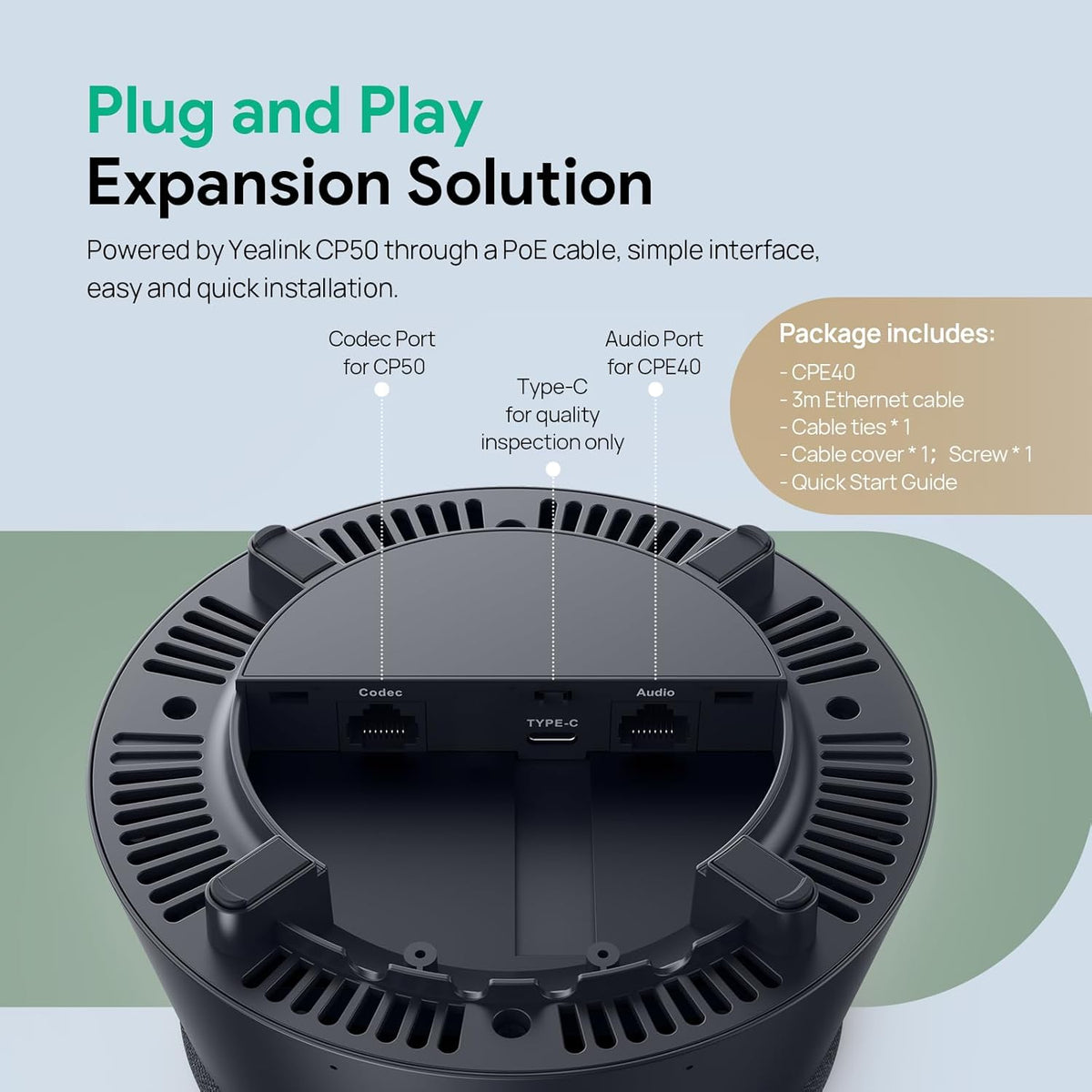 Yealink CPE40 Conference Speaker, Expansion Microphone for CP50, Ai Noise Cancellation, 8 360° Omni Mics Array, 19.6ft Pickup, Daisy Chain up to 7 Speakerphones for Zoom, Teams, Large Meeting Room