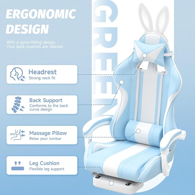 Ferghana Kawaii Light Blue Gaming Chair with Bunny Ears Ergonomic Cute Gamer Chair with Footrest and Massage Racing Reclining Home Computer Game Chair for Girls Adults Teens Kids