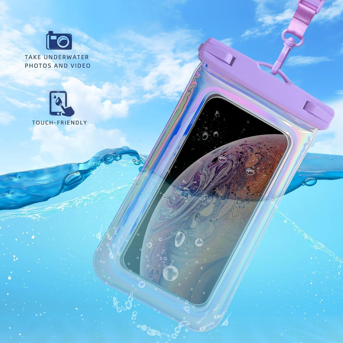 Floatable Waterproof Phone Pouch for iPhone 16 Pro Max/15/14/13/12, IP68 Travel Cellphone Dry Bag Beach Cruise Ship Essentials Bags with Crossbody Lanyard, Iridescent Purple and Pink-7″2 Pax