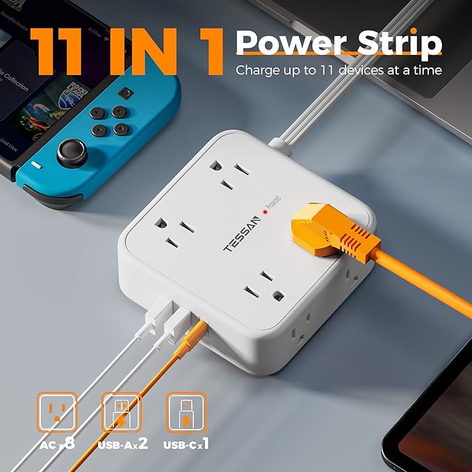 TESSAN Surge Protector Power Strip, 15 Ft Flat Plug Extension Cord with 3 USB (1 USB C 20W PD) 8 Outlets, 900J Protection, 3 Sided Outlet Extender with Power Switch for Office, Dorm Room, White