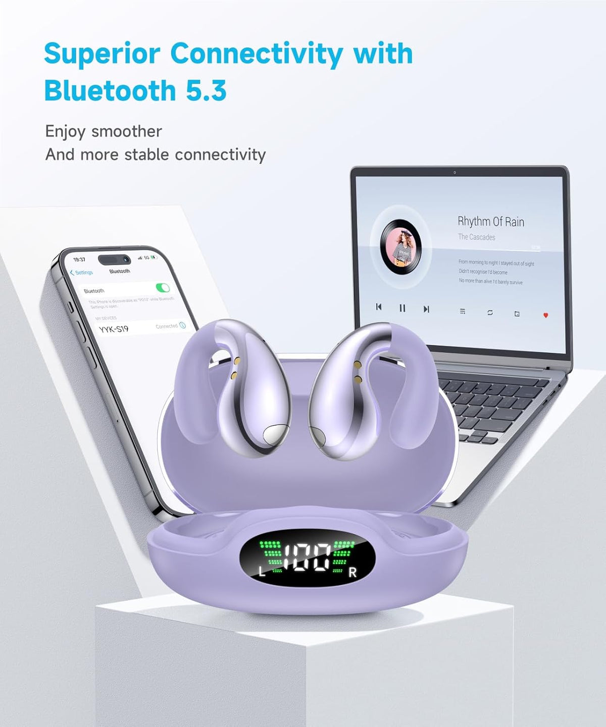 Ultra Open-Ear-Earbuds Wireless Bluetooth - Ergonomic Clip-On Earbuds, Bone Conduction Over-The-Ear Headphones with Waterproof Design and Secure Fit for Small Ears, Purple