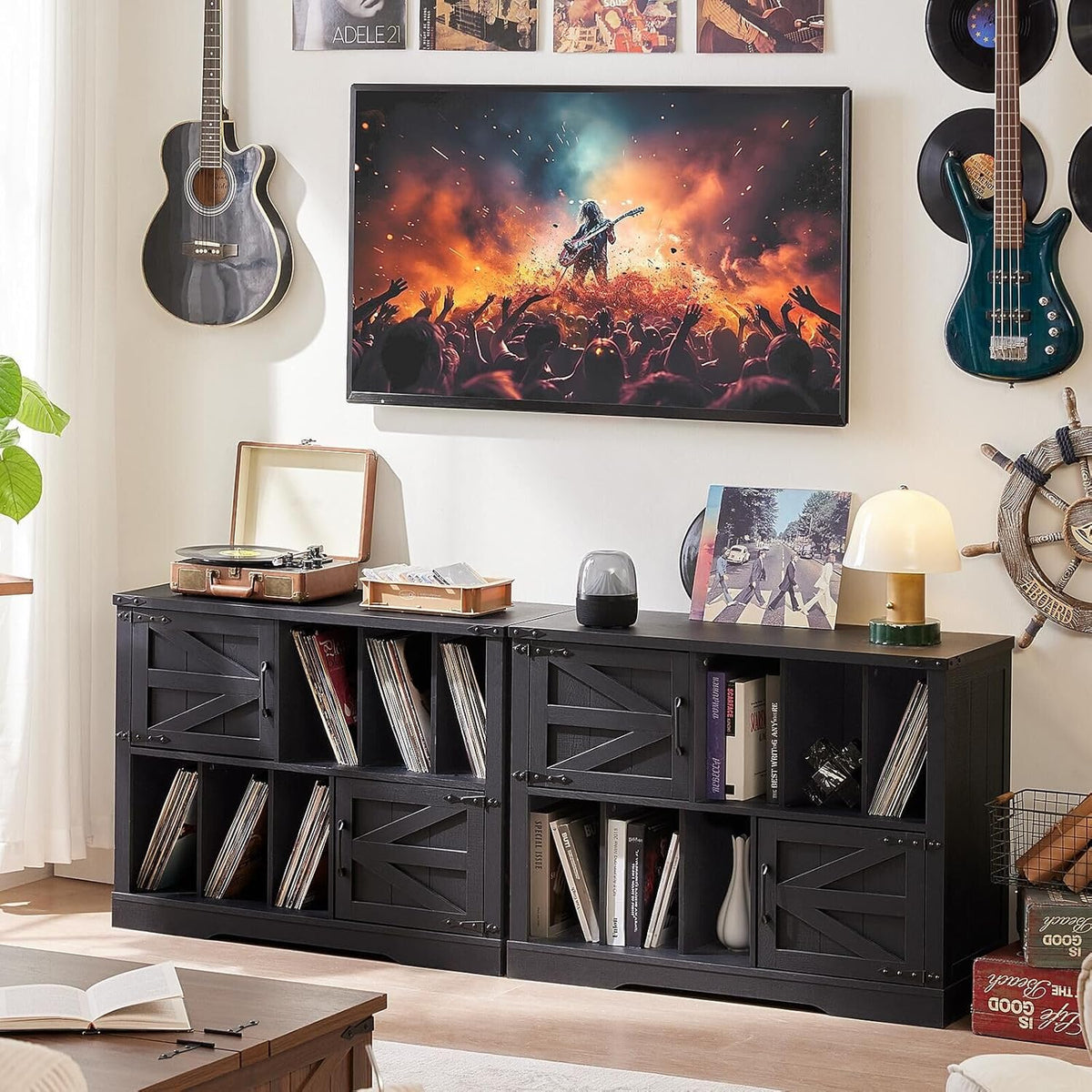 Large Record Player Stand with Vinyl Storage Up to 450 Albums, 39 Inch Farmhouse Wood Black Vinyl Records Storage Cabinet with Barn Doors, Mid-Century Modern Turntable Stand for Living Room