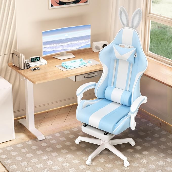 Ferghana Kawaii Light Blue Gaming Chair with Bunny Ears Ergonomic Cute Gamer Chair with Footrest and Massage Racing Reclining Home Computer Game Chair for Girls Adults Teens Kids