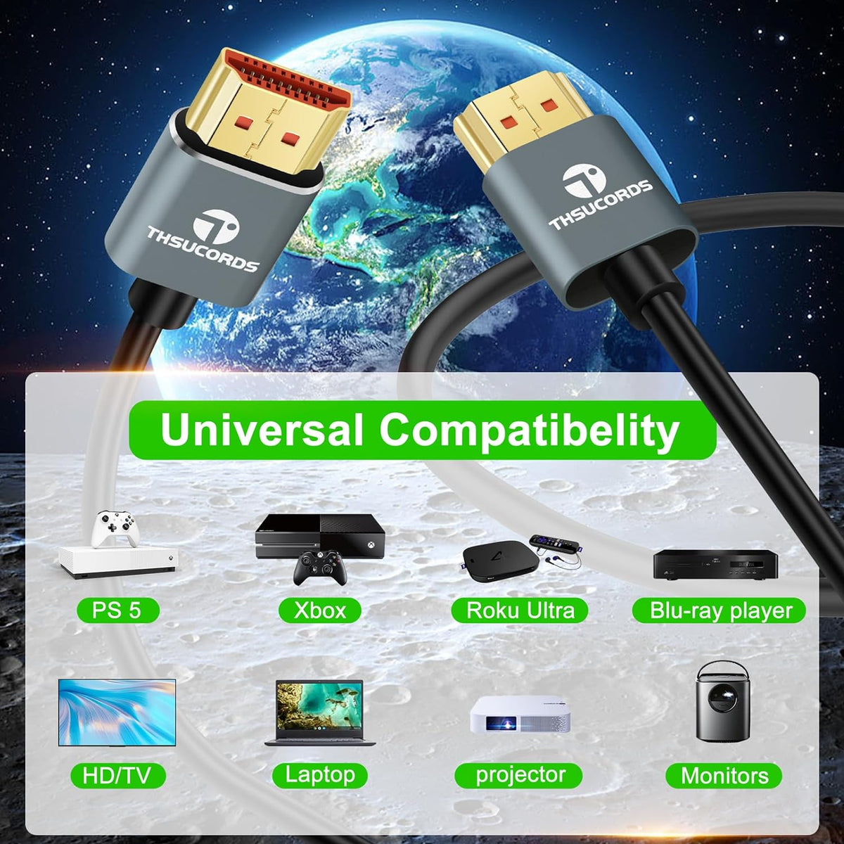 8K 4K 15FT 2 Pack, 2.1 4K@120Hz 8K@60Hz 48Gbps TV/HDTV/PS5/Blu-ray Thsucords Ultra Thin HDMI Cables Slim & Flexible