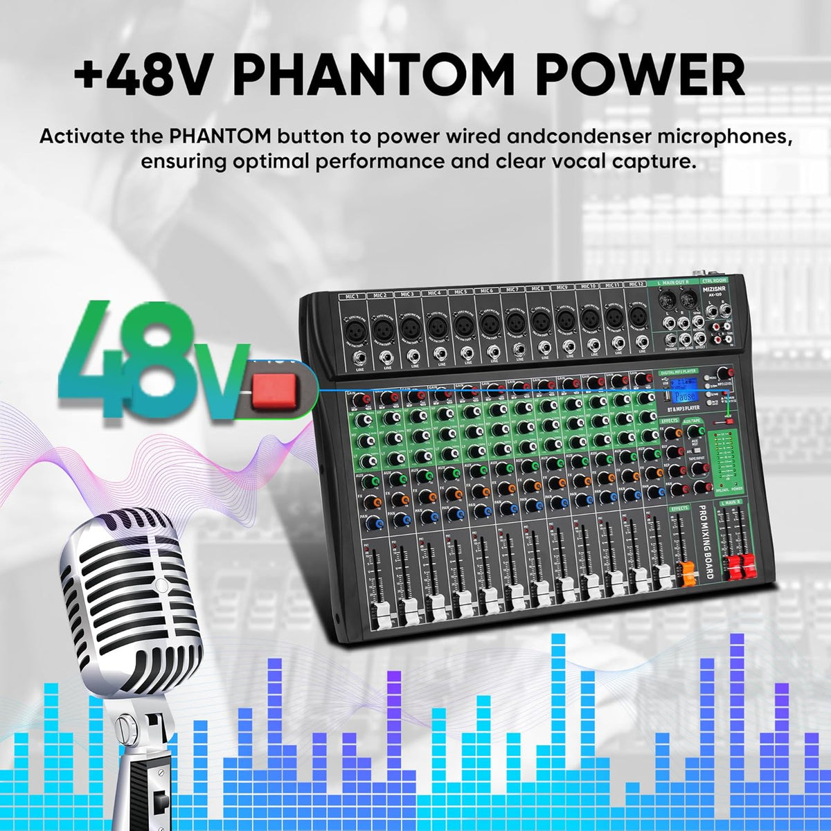 12 Channel Audio Mixer, Professional DJ Mixer Board Sound Music Mixing Console Digital Mixer with Reverb, Bluetooth, USB Port, 48V Phantom Power for Recording Karaoke Podcasting