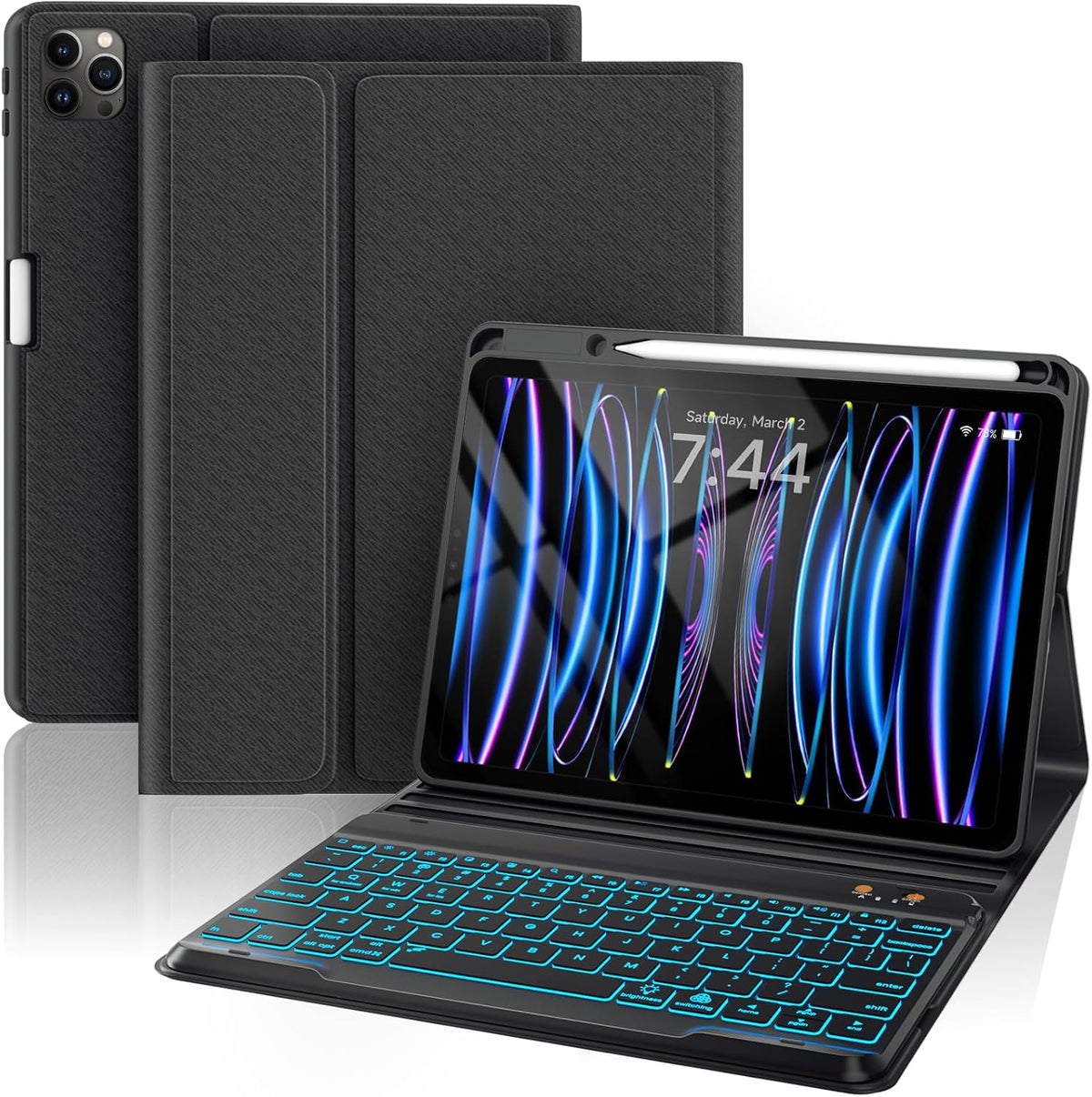 OYEEICE Keyboard Case for iPad Pro 12.9 inch (6th, 5th, 4th Gen) & New Air 13 inch M2, 7 Color Backlit Detachable Wireless Keyboard, Auto Sleep/Wake Cover with Pencil Holder (2022 2021 2020) - Black