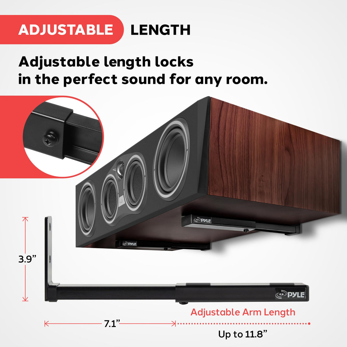 Pyle Adjustable Speaker Wall Mount Brackets - 2 Pack Extendable Steel Arms for Center Channel, Small or Large Speakers & Soundbars - 110 lbs Capacity