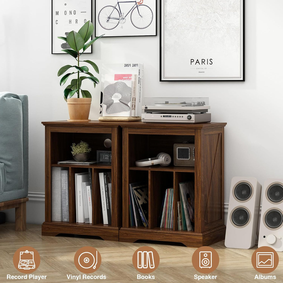 Farmhouse Record Player Stand, 3 Tier End Table, Turntable Stand with Vinyl Record Storage ,Wood Record Holder Cabinet Dispaly Shelf for Living Room,Bedroom,Rustic Brown