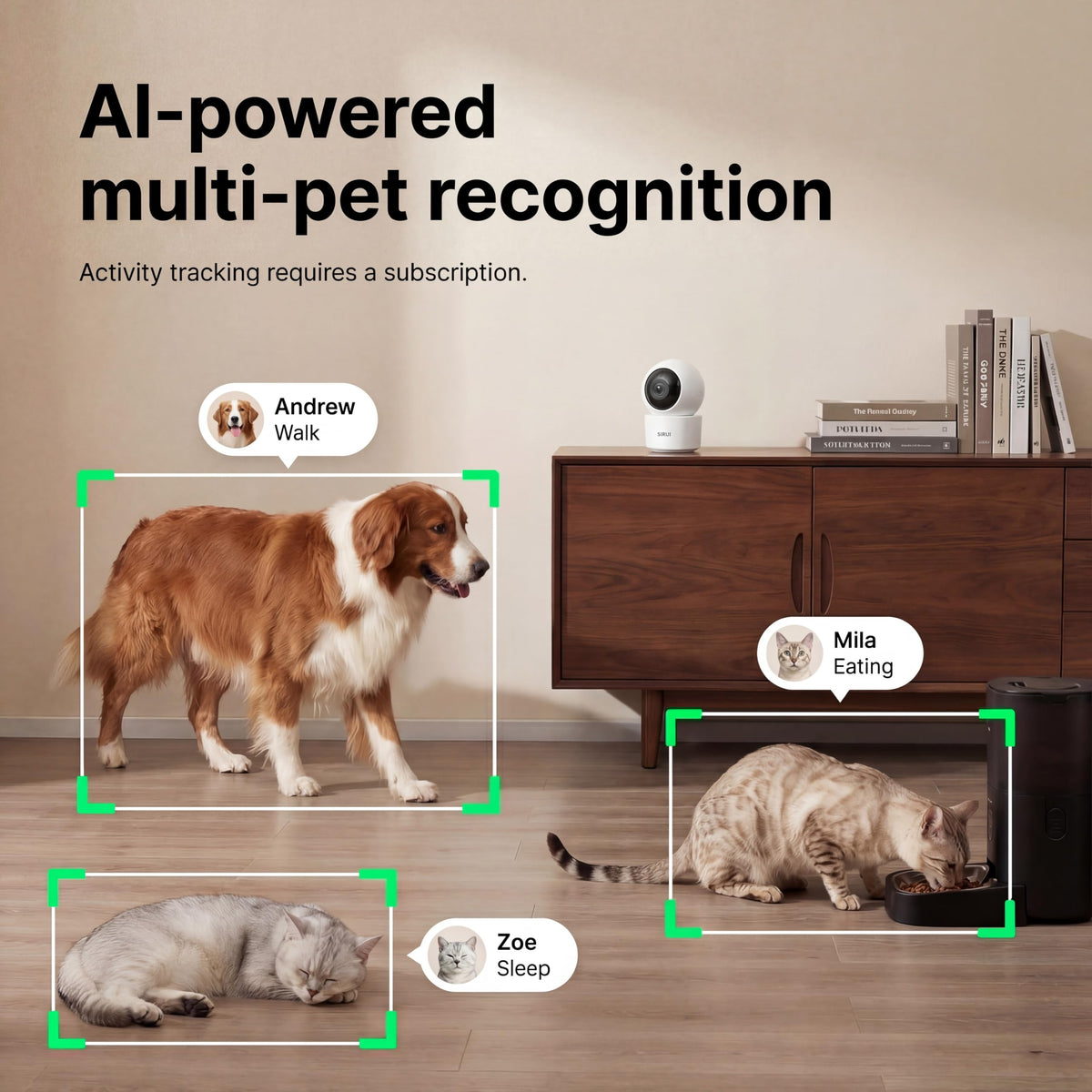 Sirwu AI Pet Camera Indoor with Phone App, Dog Camera with Speaker, Multi-Pet Recognition & AI Day Summary, 2K 3MP Cat Camera for Indoor, 360° Auto