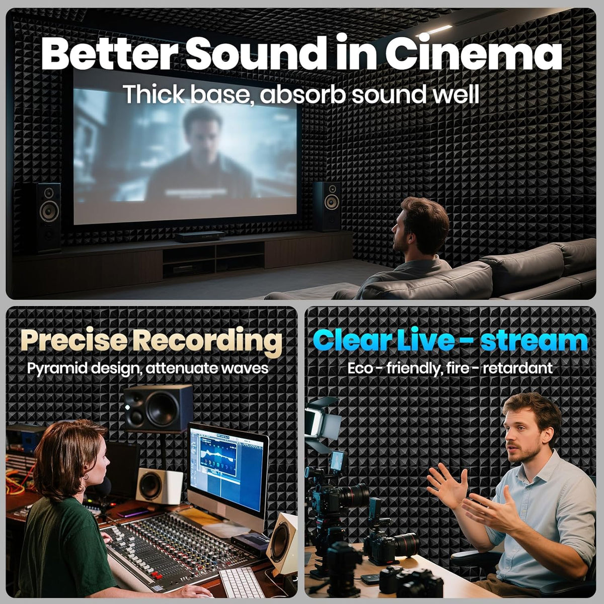 Focusound Grey Acoustic Panels 24 Pack 2"x12"x12" with 120 PCS Double-Side Adhesive - Sound Proof Pyramid Foam for Walls, Home Studio Noise Absorption & Echo Control Kit