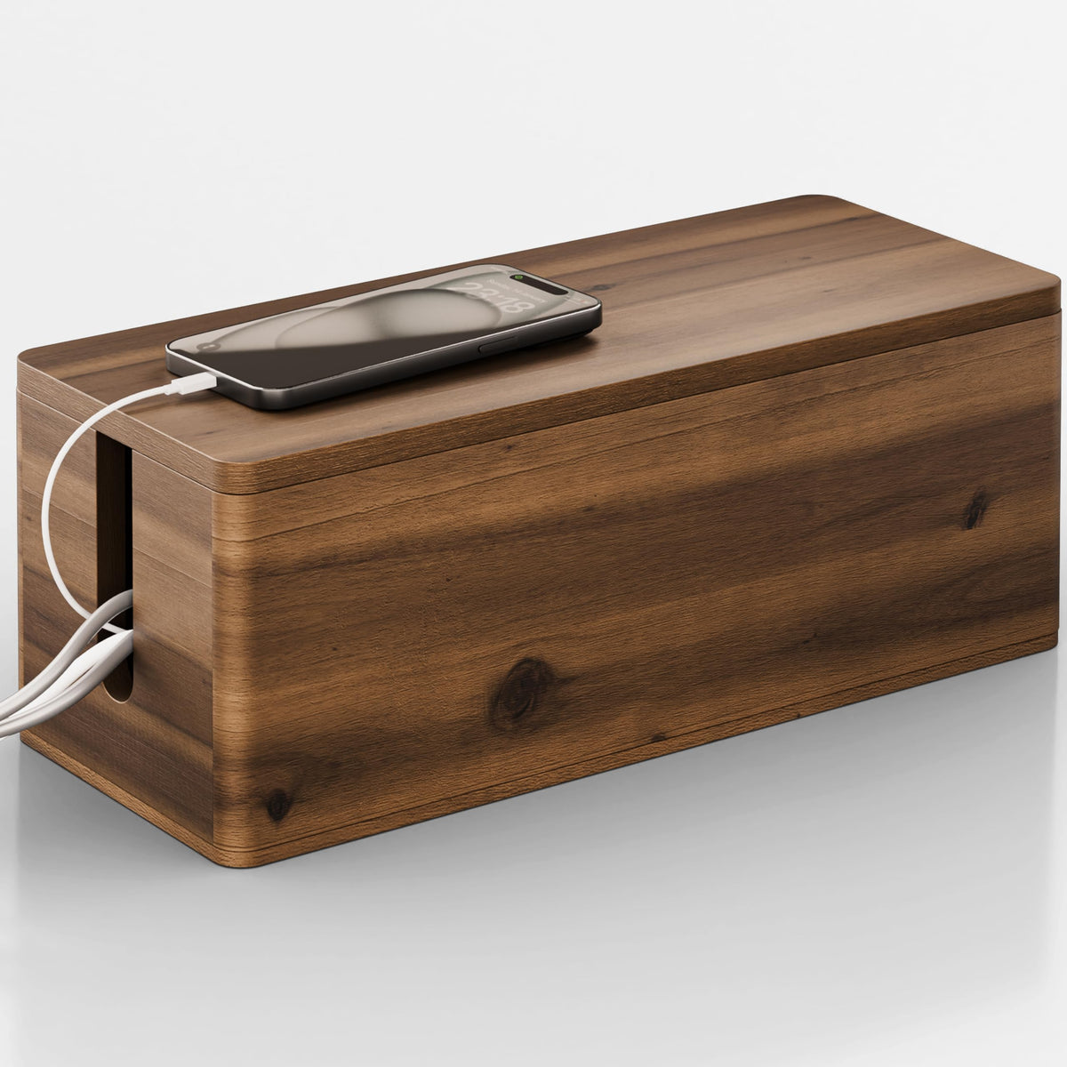 TIDITA Acacia Wood Large Cable Management Box Round Edge - 16" L Wooden Power Strip Box, Surge Protector Box - Cable Hider Box for Office, Living Room - 2 Open Slots, Magnetic Lid (Walnut Color)