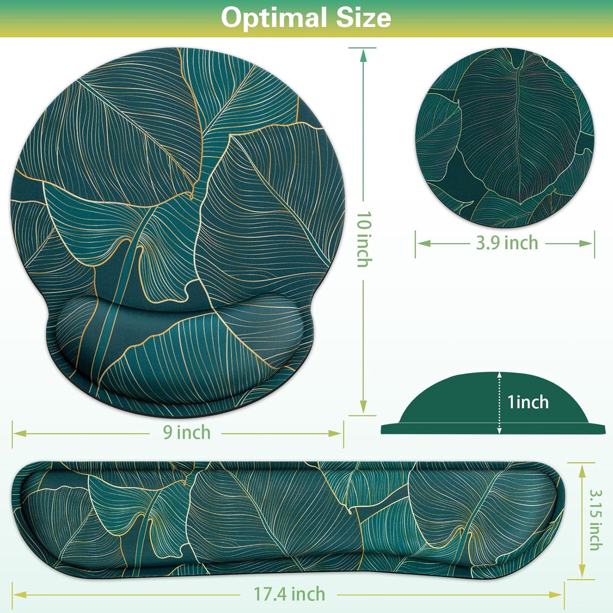 Mouse Pad with Wrist Rest Set, 3-in-1 Wrist Support Mousepad Set, Gaming Mat Pad with Anti-Skid Base,Ergonomic Mouse Pad Green,Memory Foam Gel Wrist Rest for Computer Keyboard