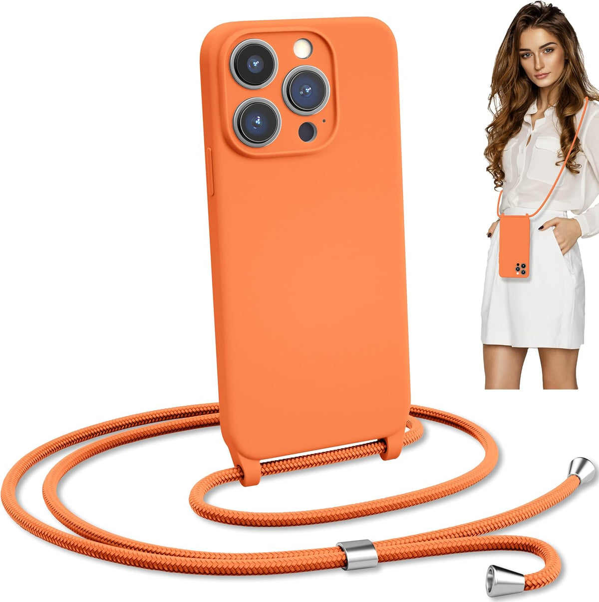 Blaspins Crossbody Lanyard Strap Case for iPhone 14, Neck Cross Body, Adjustable Holder Removable, Drop Protection Shockproof, Hands-Free Silicone Case Cover 6.1 inch, 150 cm Strap, iPhone 14 - Orange