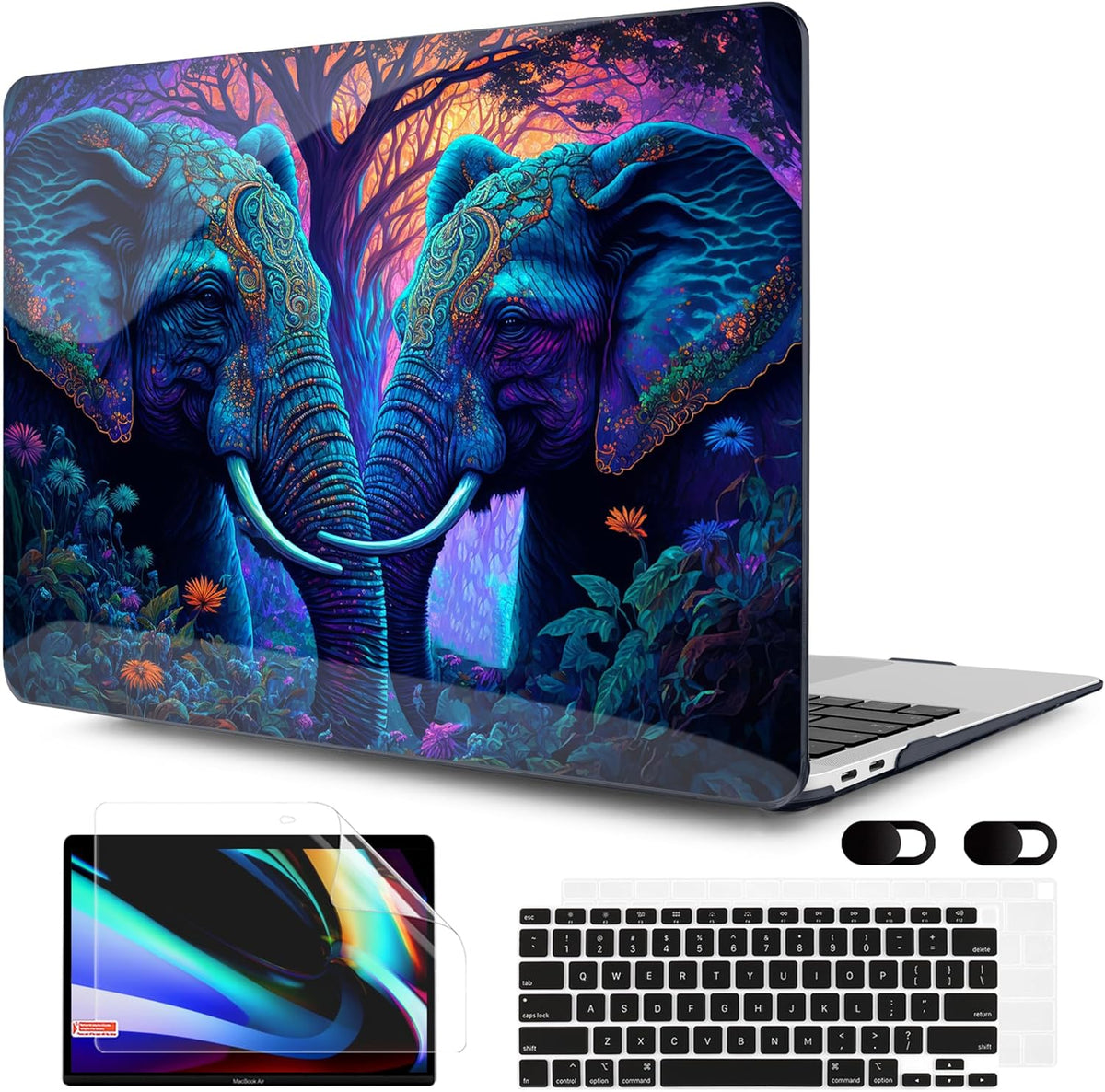 MEEgoodo MacBook Air 13 inch Case 2021-2018 with Touch ID, Plastic Hard Shell & Keyboard Cover, Compatible Devices: A2337/A2179/A1932, Glossy, Elephants