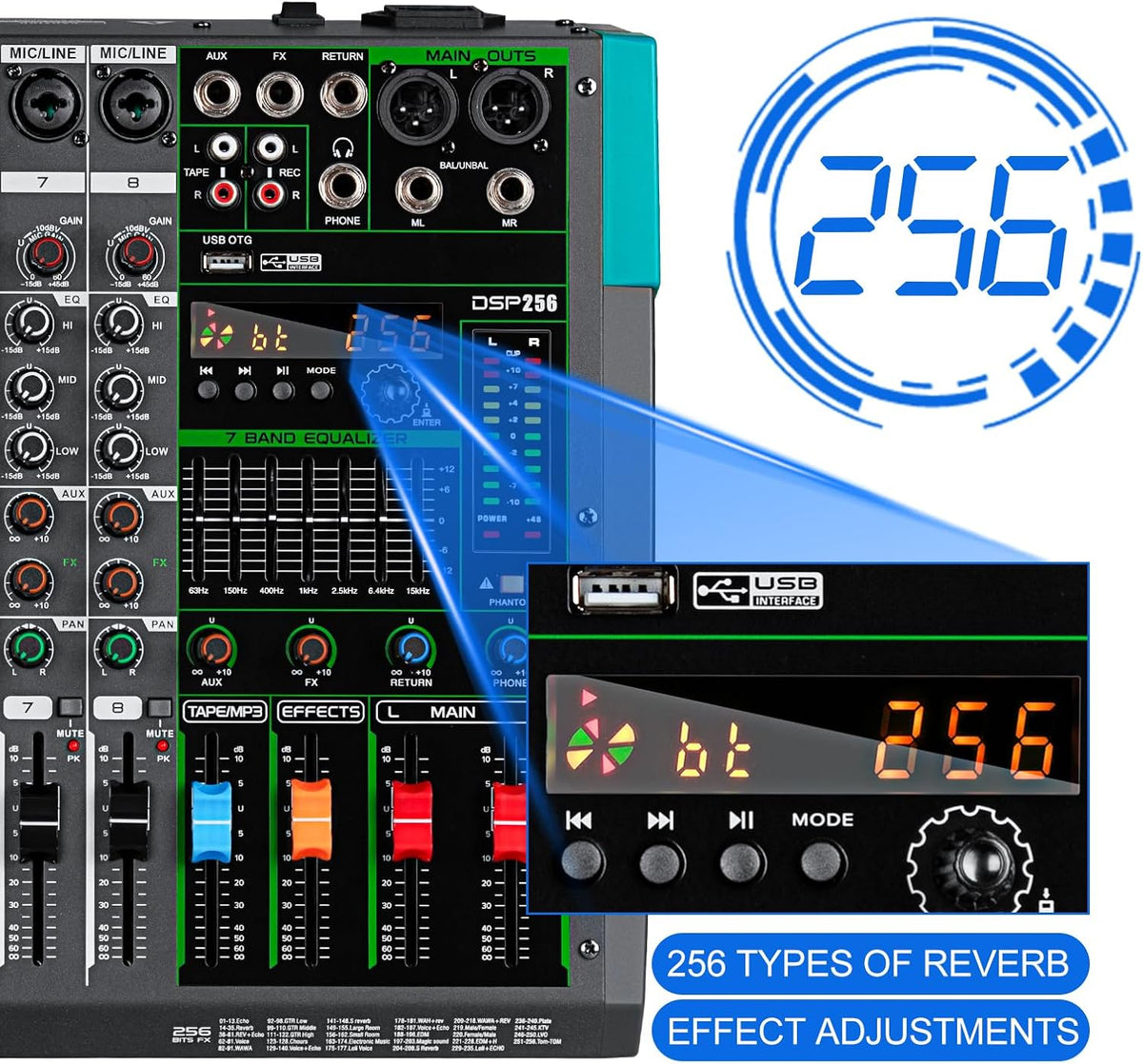 Depusheng PA8 Professional Audio Mixer Sound Board Console Desk System Interface 8 Channel Digital USB Bluetooth MP3 Computer Input 48V Phantom Power Built-in 256 Reverb Effect, Black