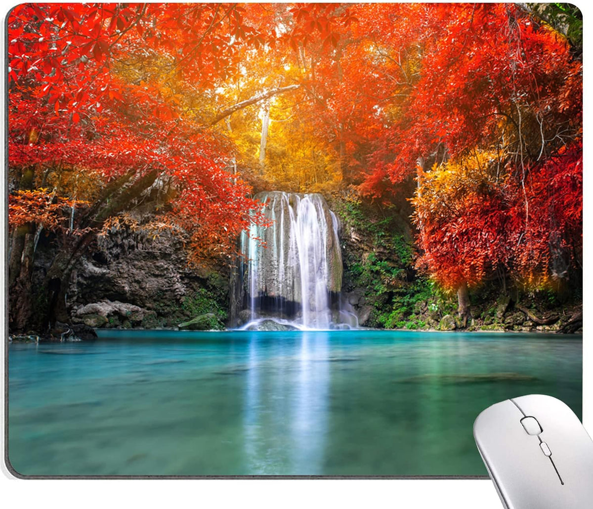 Mouse Pad, Natural Landscape Mouse Mad, Square Waterproof Mouse Pad Non-Slip Rubber Base MousePads for Office Laptop, 9.5"x7.9"x0.12" Inch(Waterfall in Autumn Forest)