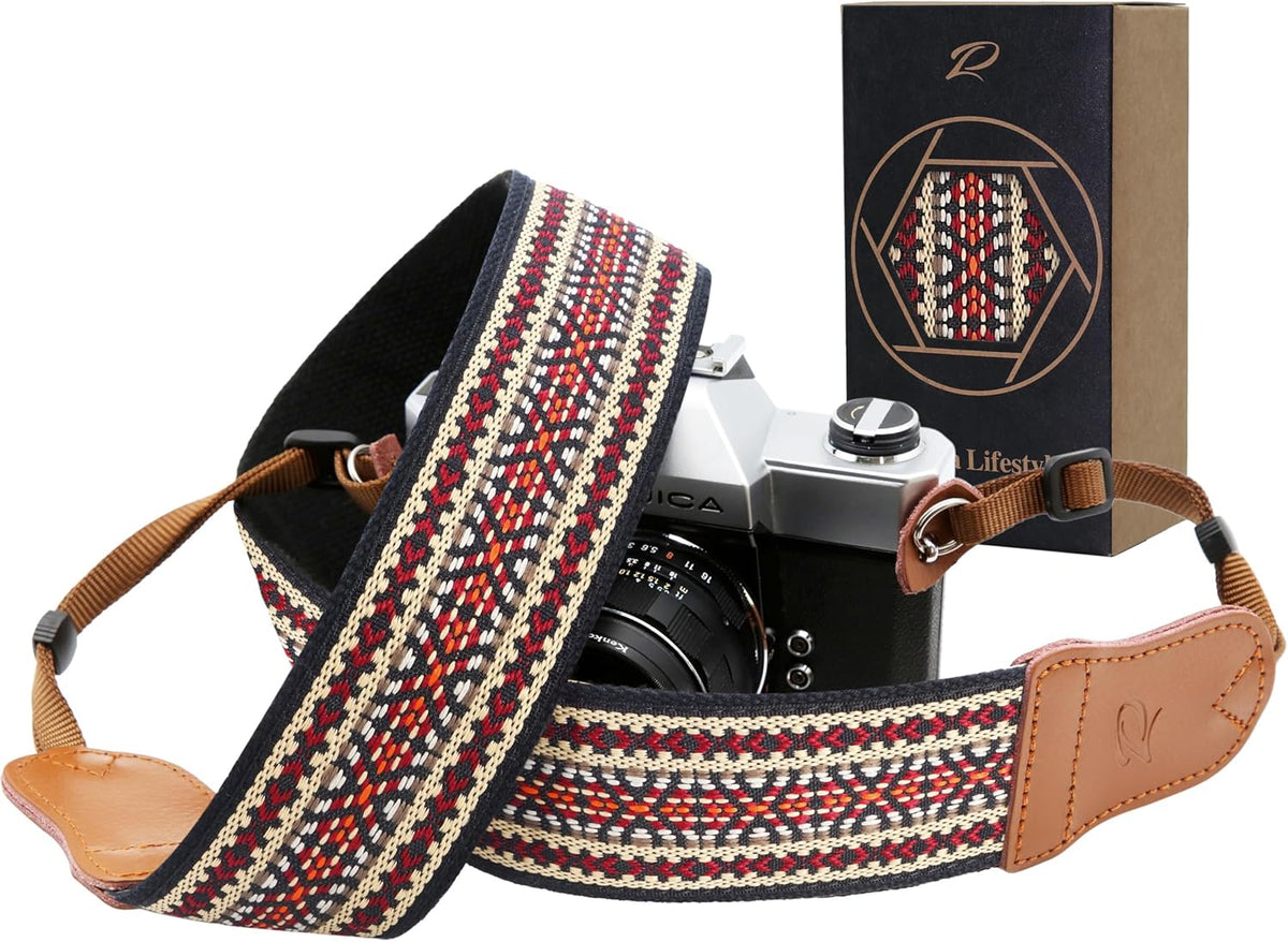 Ends,2" Padwa Lifestyle Speed Red Embroidered Camera Strap - Double Layer Cowhide Cotton Woven Camera Straps